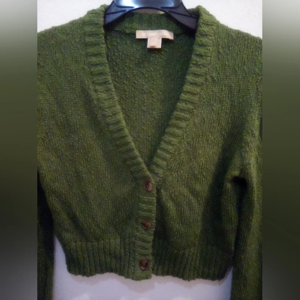 Michael Kors Green Cropped Knit Cardigan 100% Cotton Size XS Fall - Picture 4 of 14